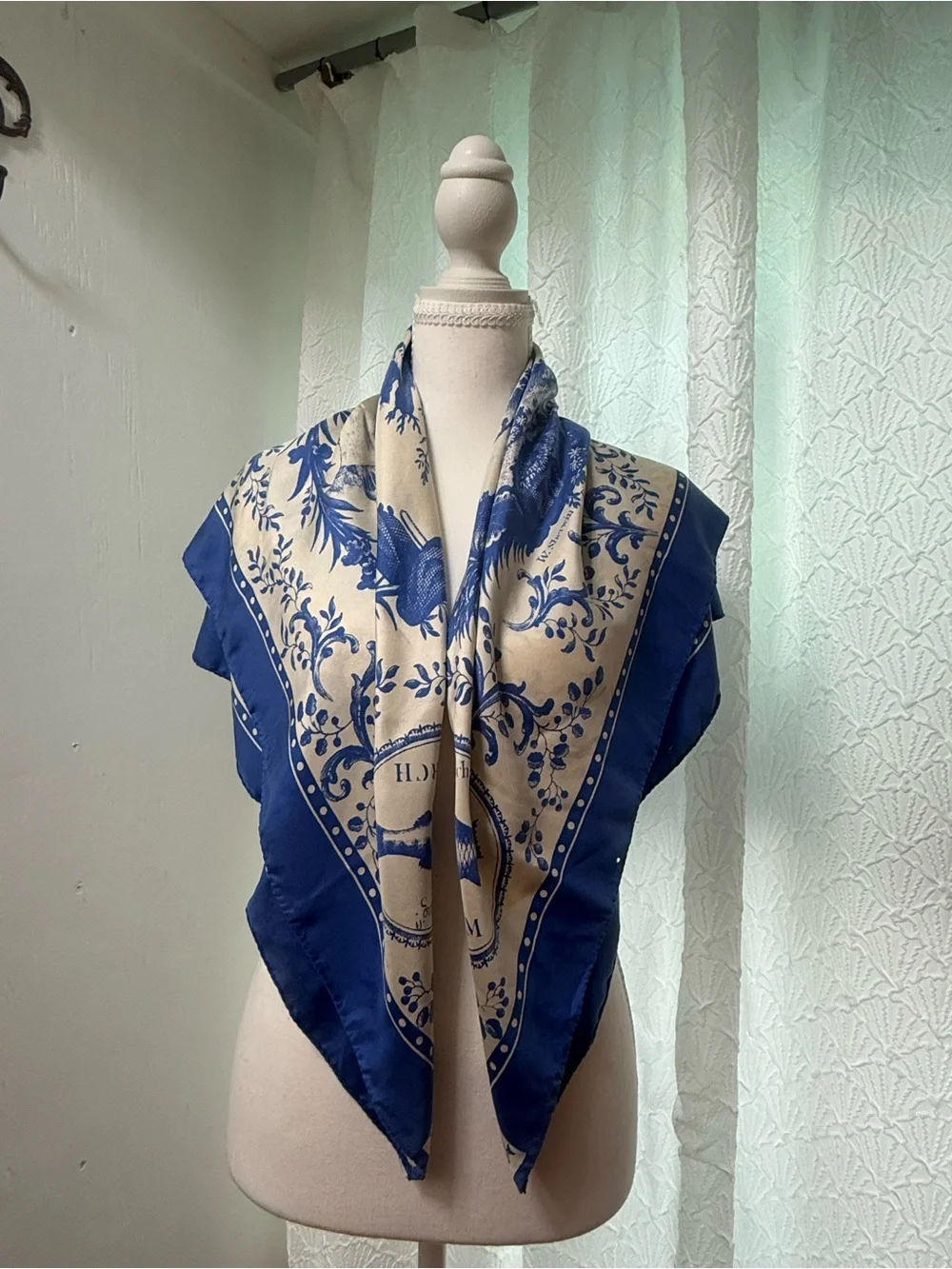 Blue and Cream Floral Silk-Feel Scarf Wrap